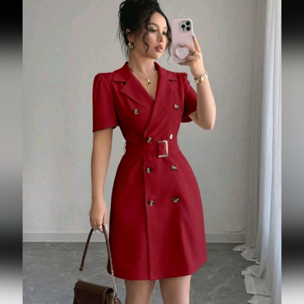 Women's Simple Solid Color Lapel Tie Waist Double Breasted Short Puff